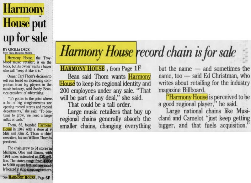 Harmony House Records and Tapes - Jan 1993 For Sale